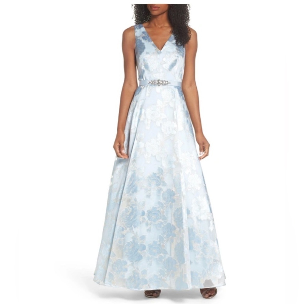 Carmen Marc Valvo Light Blue Floral Maxi Dress